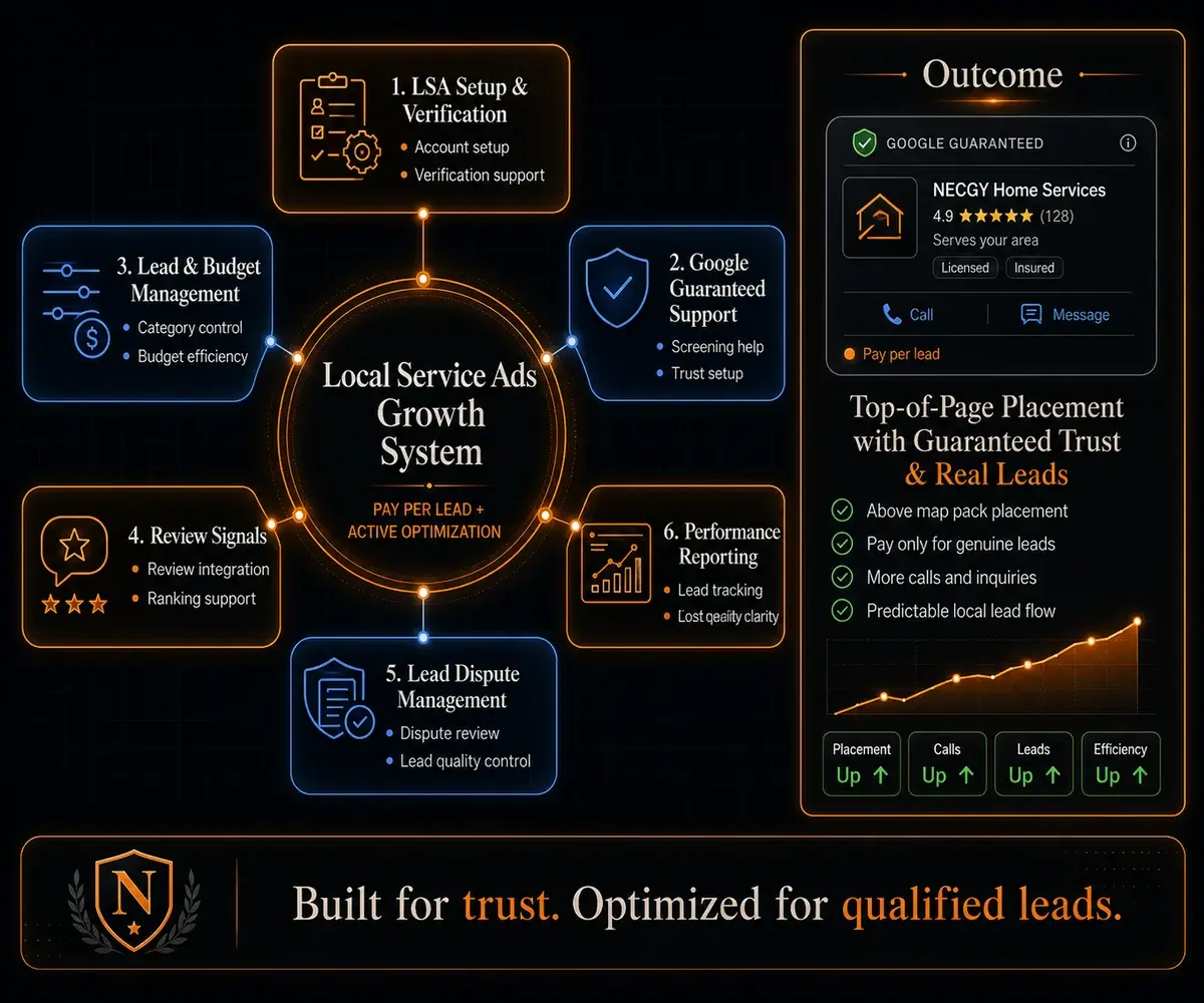 How Necgy delivers Local Service Ads: Top-of-page placement with Google Guaranteed trust, paying only for genuine leads.