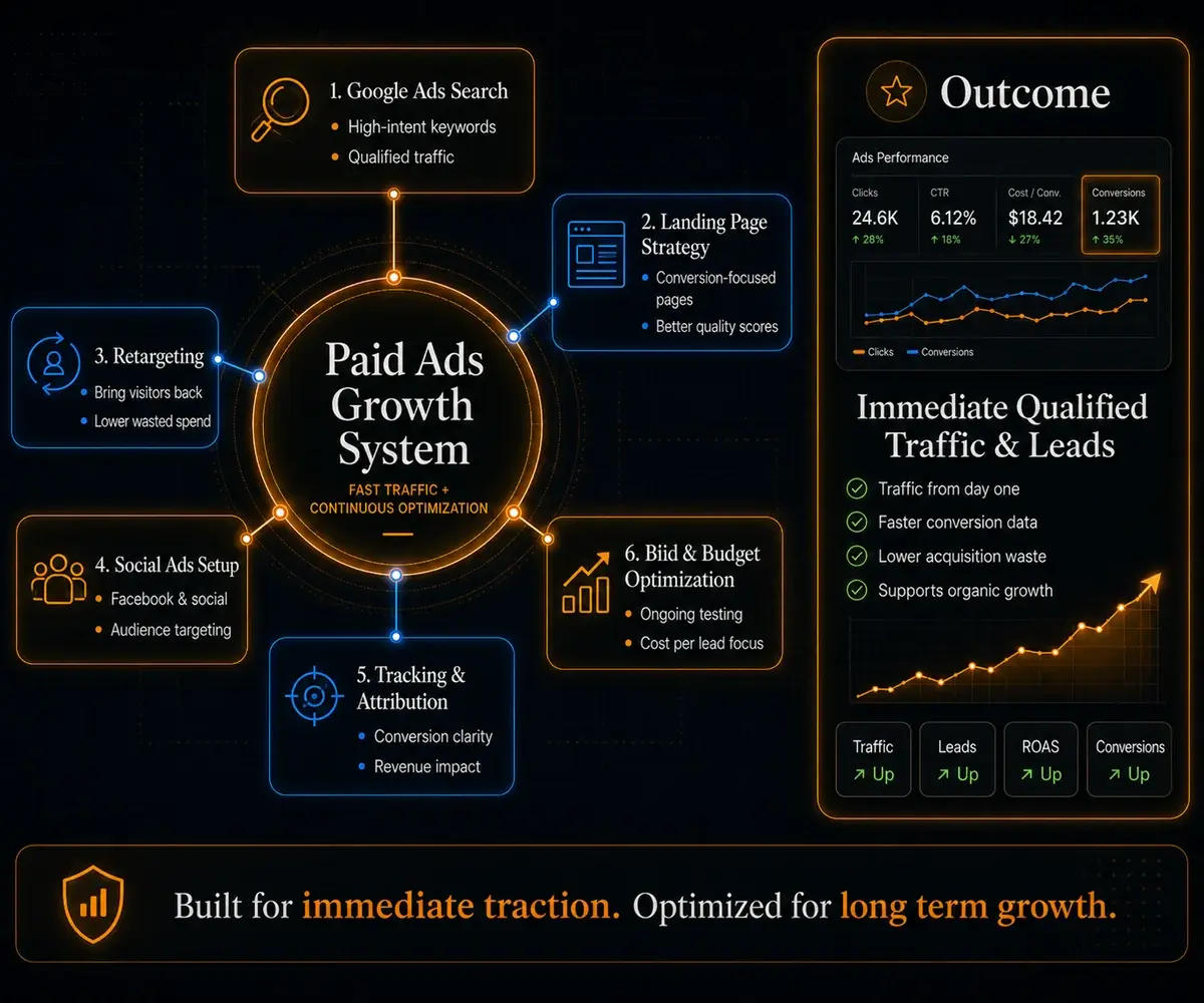 How Necgy delivers Paid Ads Management: Immediate qualified traffic and leads while your organic presence grows.