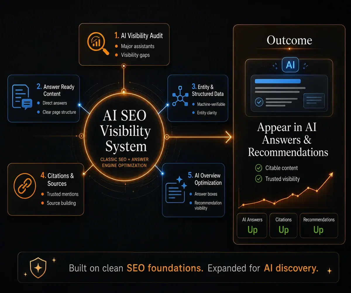 How Necgy delivers AI SEO & Answer Engine Optimization: Your business appears in AI-generated answers and recommendations, not just classic search results.